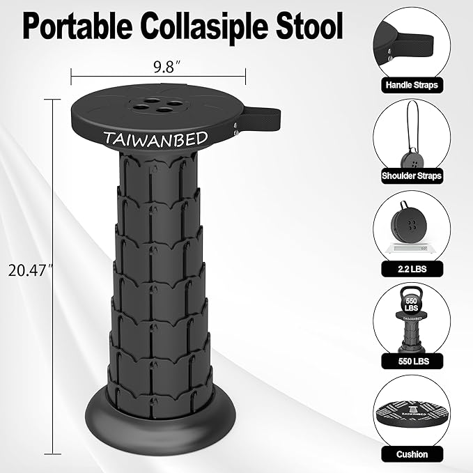 2025 Upgraded Taller 52cm Collapsible Stool with Cushion,Portable Seat,Telescoping Stools,Adujstable Camping Folding Chair for Adults,Maximum Loading 550Ib for Garden Travel Fishing BBQ