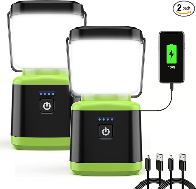 AlpsWolf Camping Lantern Rechargeable, 4 Modes Stepless Dimming LED Lantern, Rechargeable Lantern for Power Outages, IPX4 Waterproof Portable Camping Light, Green 2 Packs