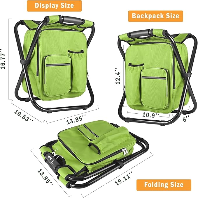 Kikerike Backpack Stool Cooler Chair Heavy Duty 400 LBS Max Load Portable Lightweight Stool Backpack Folding Fishing Cooler Seat for Camping Hunting Fishing - Grass Green