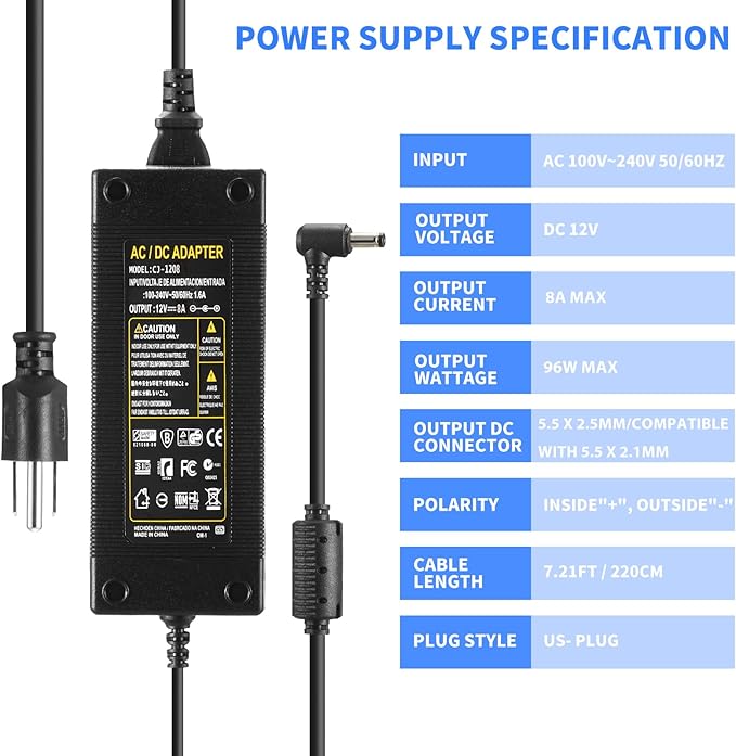 12V 8A Power Supply 96W 100V~240V AC to DC Adapter Converter Transformer,12 Volt 8 Amp 7A 6A 5A 4A 3A Power Supply Adapter with 5.5mm x 2.5mm/2.1mm Output Jack for 12V LED Strip Light Camera Printer