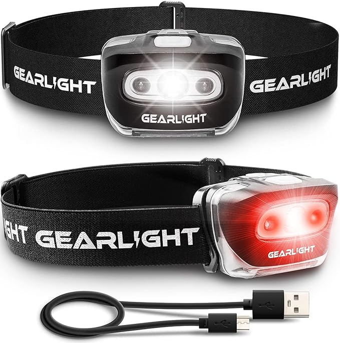 GearLight USB Rechargeable Headlamp Flashlight - S500 Running, Camping, and Outdoor LED Headlight Camping Headlamps - Head Lamp Light for Adults, Kids, Emergency Gear - Black - 2 Pack, Rechargeable
