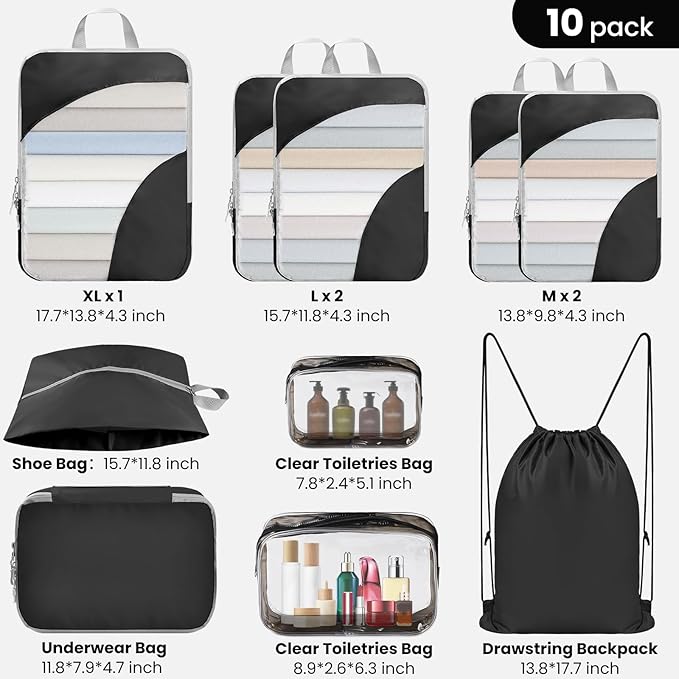 10 Set Compression Packing Cubes, Lightweight Travel Essentials, Stretchable Expandable Storage Bags, Compression Bags for Travel Accessories Luggage Storage Set (10 Pcs, Black)