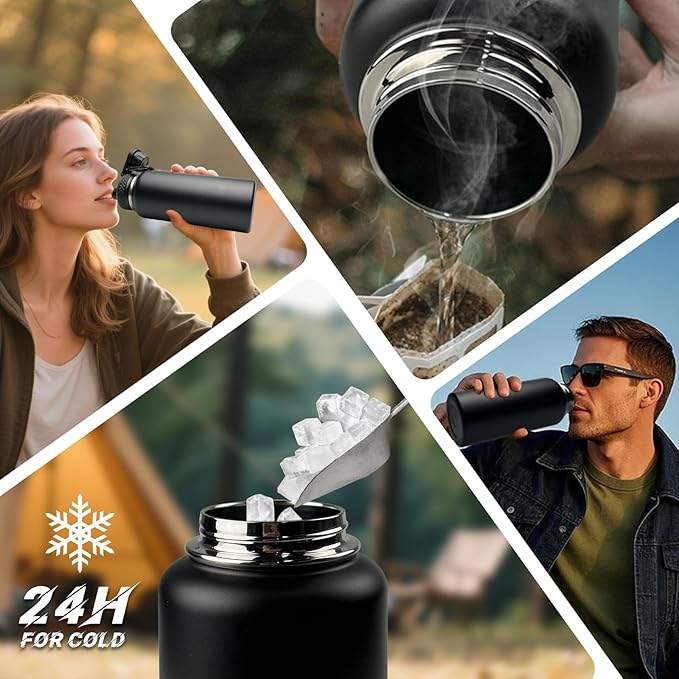 32 oz Insulated Water Bottle Stainless Steel with Sleeve - Military Metal Water Jug, For Gym Workout Hiking, Camo Black Water Bottle Pouch