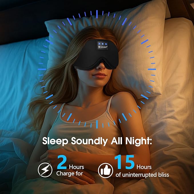 ZUMUSEN Bluetooth Sleep Headphones, 3D Wireless Music Eye Mask with Ultra-Thin Stereo Speakers, Adjustable Sleep Mask for Side Sleepers, Perfect for Travel, Meditation, Relaxation