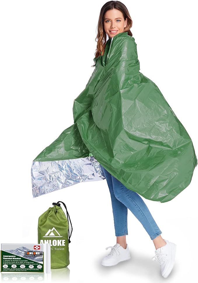 Emergency Blankets Mylar Thermal Blanket (4 Pack) of Space Blanket 82" x62''. Survival Blankets Heavy Duty Camping Gear, First Aid, Green