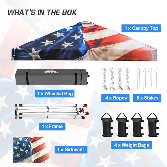 EAGLE PEAK Pop Up Canopy Tent with 1 Sidewall, Easy Setup Event Tent, Outdoor Sun Shade, Wheeled Carry Bag, Stakes and Guy Ropes, Instant Canopy 10x10, Stars and Stripes
