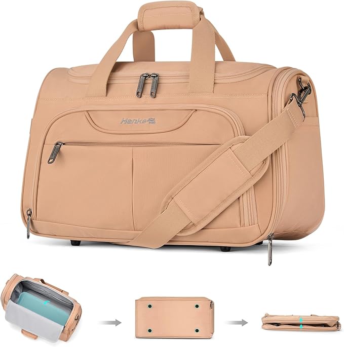 Hanke Foldable Underseat Carry On luggage Bag, Travel Tote Bag for Women & Men, Personal Item Travel Bag Softside Lightweight Luggage Bags for Travel Flight Crew Overnight Weekender.（Pink）