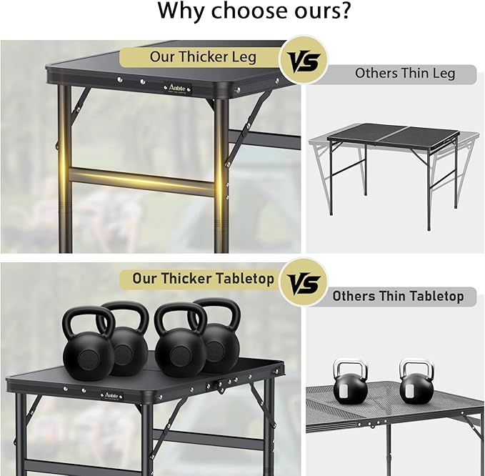 2ft Folding Camping Table with Storage Net, 3 Adjustable Height Max 29.5" Aluminum Small Folding Table, Portable Handle, Lightweight, for Travel Outdoor Beach Picnic Camp, 23.2" x 16", Black