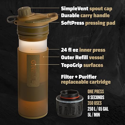 GRAYL GeoPress 24 oz Water Purifier Bottle - Filter for Hiking, Camping, Survival, Travel (Coyote Brown)