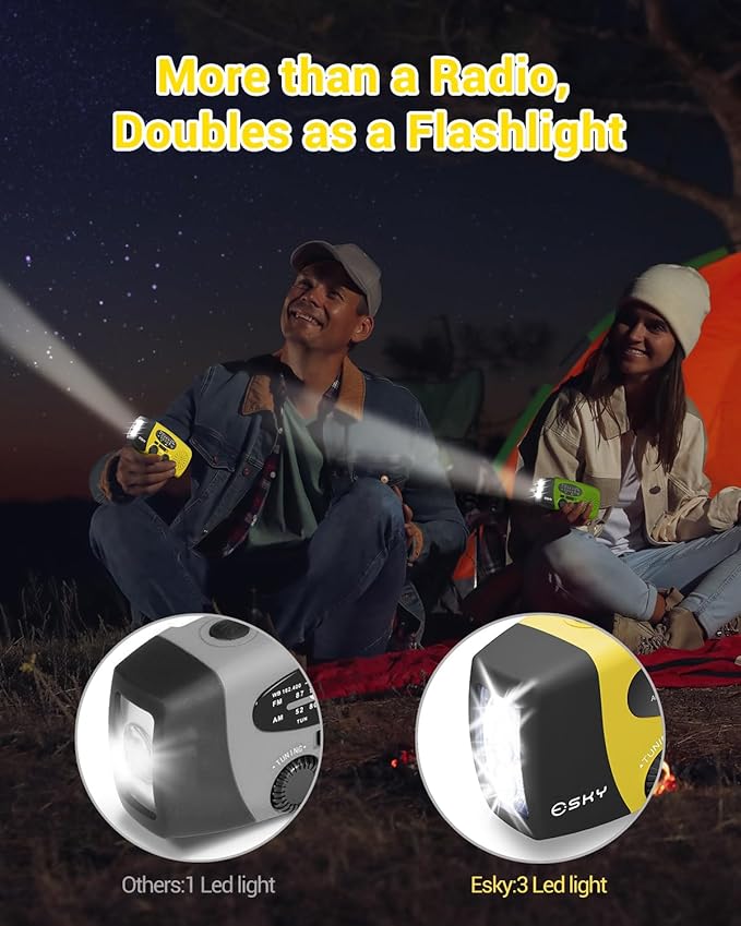 Esky Emergency Hand Crank Radio with 3 LED Flashlight, AM/FM/NOAA Portable Weather Radio with 2000mAh Power Bank Phone Charger, Solar Powered USB Charged Radio for Indoor Outdoor Camping, SOS Alarm