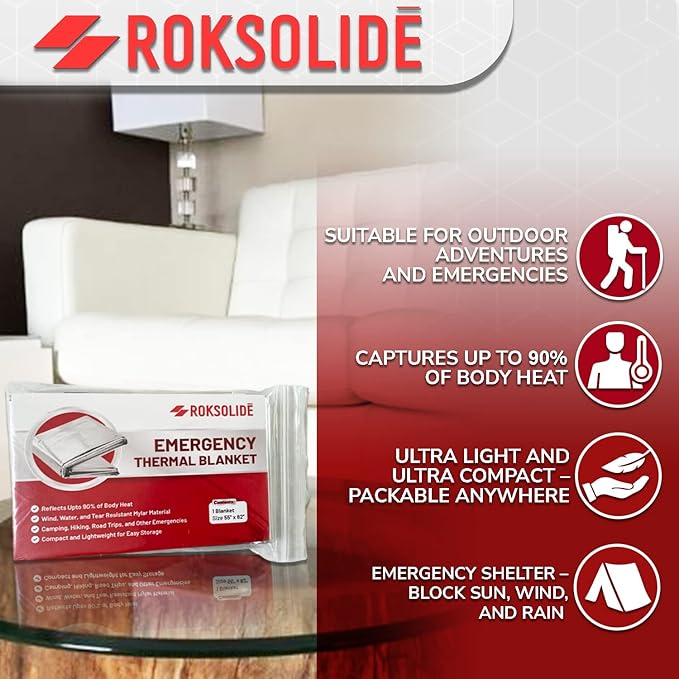ROKSOLIDE Emergency Blankets | Mylar Thermal Blanket, Essential Survival Gear for Emergency Kits. Ultralight Reflective Foil Blanket for Camping or Cold Weather. Size 55" x 82", Silver, 8-Pack