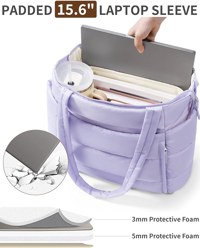 Puffer Tote Bag for Women, Lightweight Puffy Work Handbag Teacher Nurse Quilted Shoulder Bag for School Travel Gym