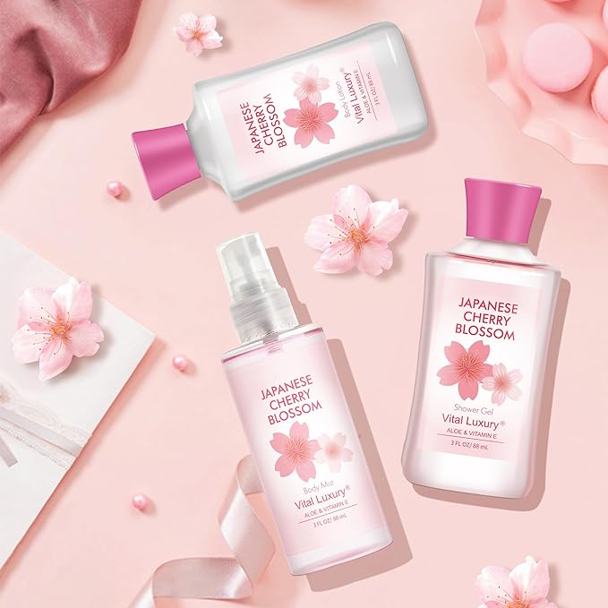 Bath and Body Gift Set, Japanese Cherry Blossom, 3-Piece Travel Size Collection, Shower Gel, Body Lotion, Body Mist, 3 Fl Oz Each, Natural Extracts, Ideal for Birthday, Mother's Day & Christmas Gifts