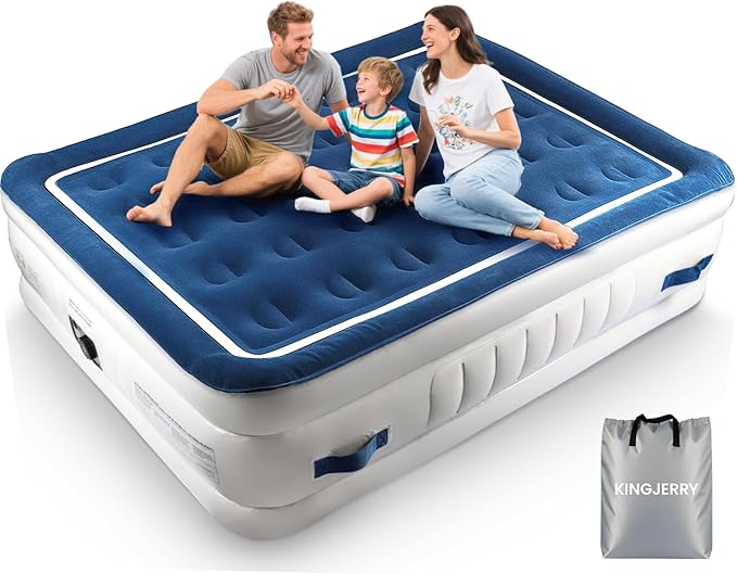 KINGJERRY Queen Air Mattress with Built in Pump, 4 Portable Handles, 18" Raised Comfort, Leak-Tested, Anti-collapse Design, 3 Mins Inflation, 800lb Support Inflatable Mattress for Home Guest & Camping