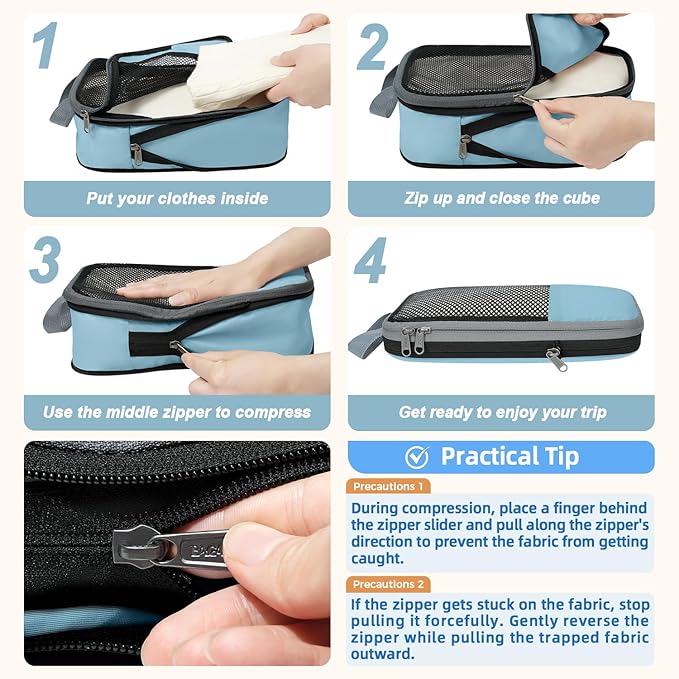 BAGAIL 4 Set/6 Set/8 Set Compression Packing Cubes Travel Accessories Expandable Packing Organizers (Half Mesh, 6-Dusty Blue)