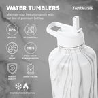 64 Oz Insulated Water Bottle with Strap Stainless Steel Sports Water Bottle with 3 Lids (Straw, Chug and Flip Lid) Leak Proof Metal Half Gallon Jug for Men & Women - White Marble