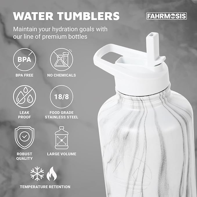 64 Oz Insulated Water Bottle with Strap Stainless Steel Sports Water Bottle with 3 Lids (Straw, Chug and Flip Lid) Leak Proof Metal Half Gallon Jug for Men & Women - White Marble