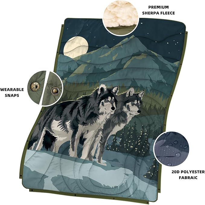 Outdoor Camping Blanket with Sherpa Lining, Extra Warm Thick Camp Blankets and Puffy Ultralight Soft Poncho DWR Camping Quilt for Cold Weather, Adventure, Sleeping, Backpacking 56"x 40"