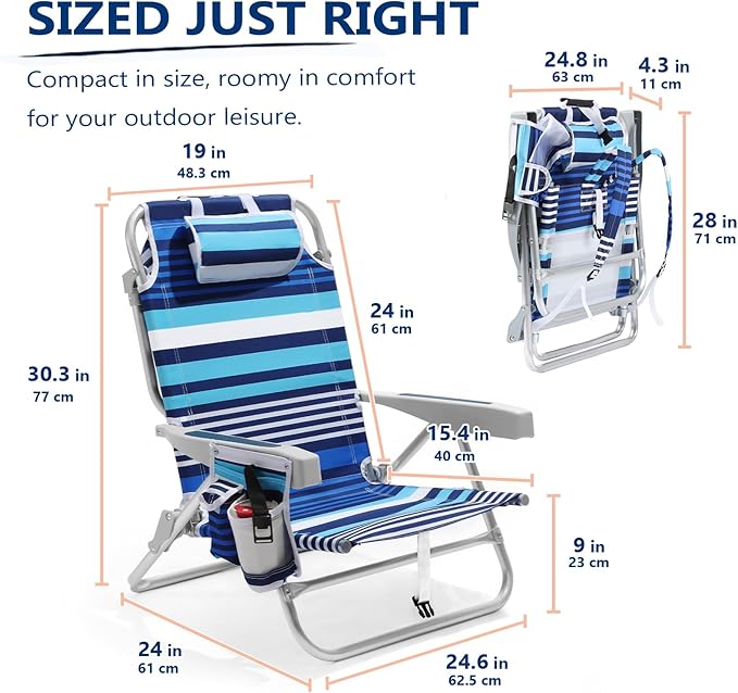 5-Position Aluminum Lay Flat Backpack Beach Chair, Compact Portable Low Beach Chairs for Adults with Cooler Pouch, Storage Pouch, Towel Bar, Cup Holder & Phone Holder, Blue Stripe