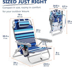 5-Position Aluminum Lay Flat Backpack Beach Chair, Compact Portable Low Beach Chairs for Adults with Cooler Pouch, Storage Pouch, Towel Bar, Cup Holder & Phone Holder, Blue Stripe