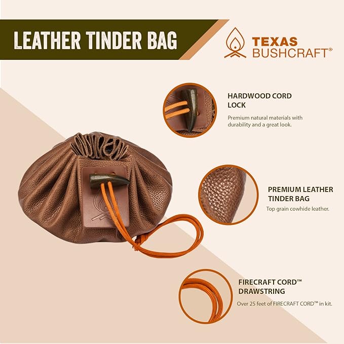 Texas Bushcraft Fire Starter Survival Kit - Ferro Rod Flint Fire Steel, Striker Tool | Cowhide Leather Tinder Bag | Emergency Paracord Bracelet Camping Gear