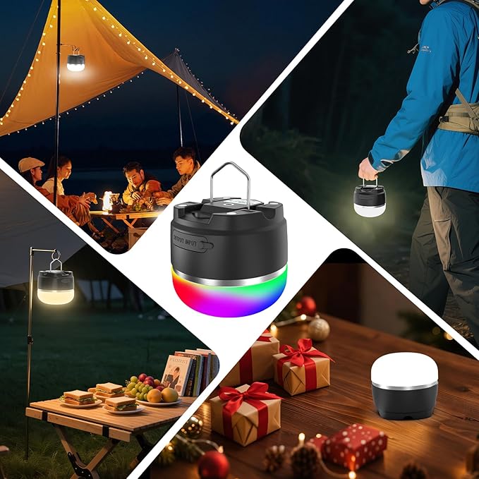 Rechargeable Camping Lantern 8000mAh, Portable RGB Hanging Lights Magnetic Base, Waterproof LED Tent Lights for Camping, Hurricane, Hiking, Home Emergencies, Outdoor Party - Black