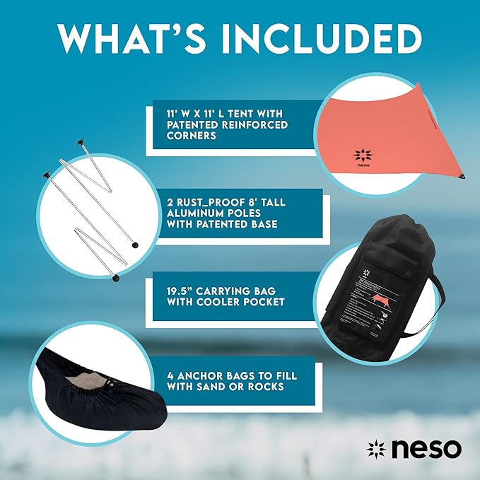 Neso Gigante - Portable Beach Tent - Ideal to Enjoy with Family and Friends - UPF 50+, Water-Resistant, and Lightweight - Coral, 11' x 11'