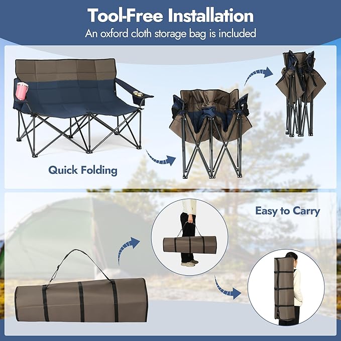 Oversized Double Camping Chairs, Folding Outdoor Chairs with Padded Roll Tote, Heavy Duty Camping Chair for Beach, Lawn, Fishing, and Sports (Blue+Gray)