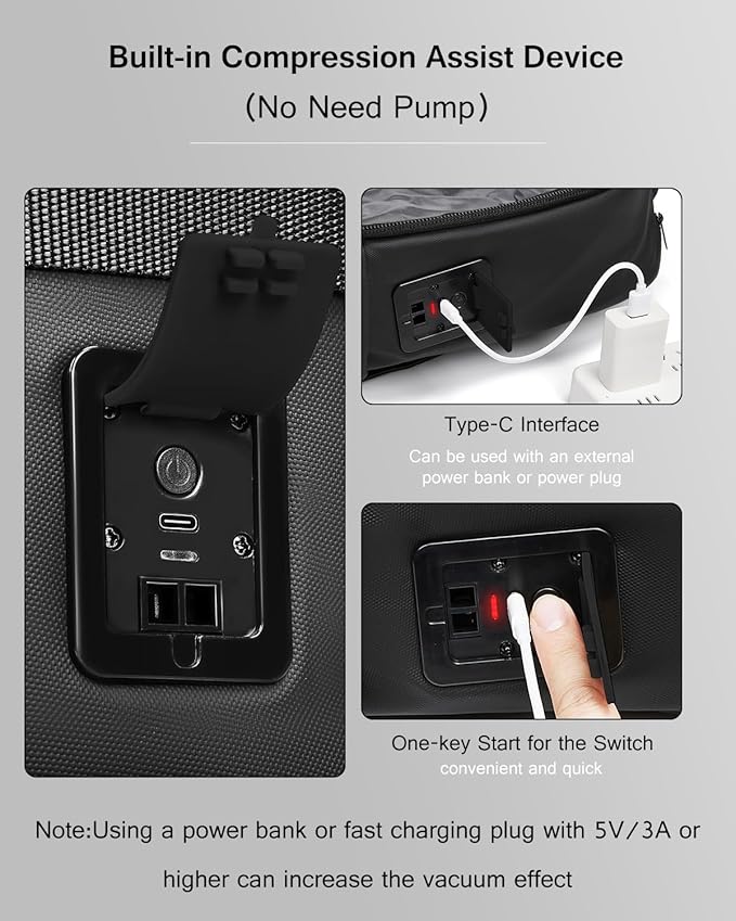 Vacuum Rolling Backpack with Vacuum System, Built-in Pump and Charging Port, Carry On Luggage with Vacuum Seal Bag, Wheels, Travel Suitcase with Vacuum Compression Bag for 17" Laptop