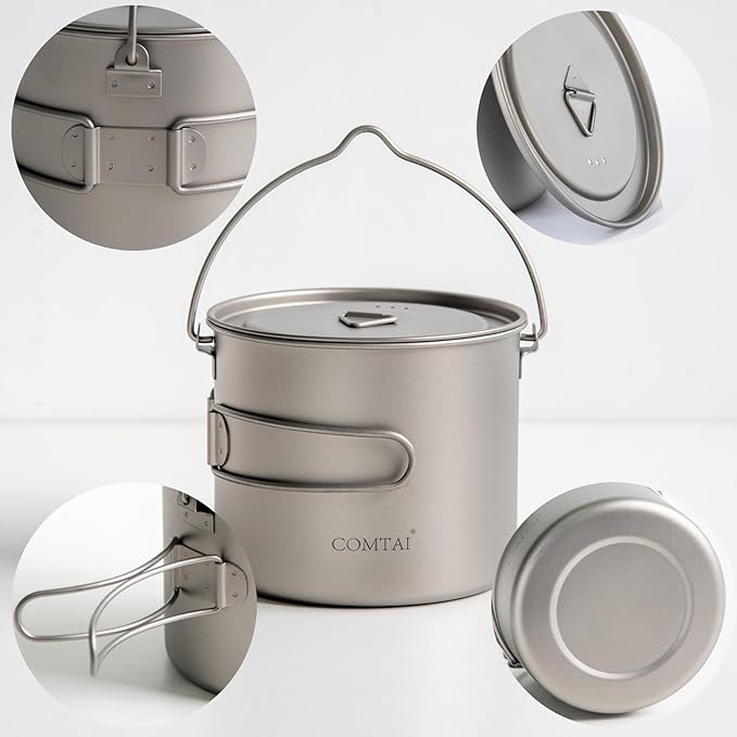 1100ml Titanium Camping Pot with Lid & Bail Handle, Lightweight Backpacking Cookware for Outdoor Hiking Cooking, Ultralight Titanium Cook Pot for Campfire Use