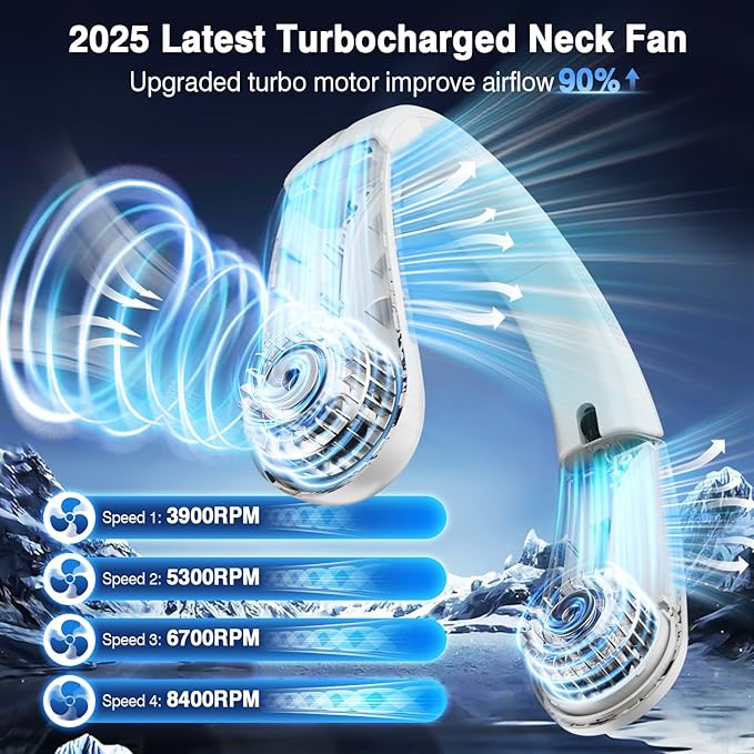 Portable Neck Fan - 8400 RPM Enlarged Turbo Airflow - 5200mAh Personal Rechargeable Cooling Wearable Fan - Max 16H, 4 Speeds, Foldable, LED Display - Great Gifts for Men Women - 2nd Gen White