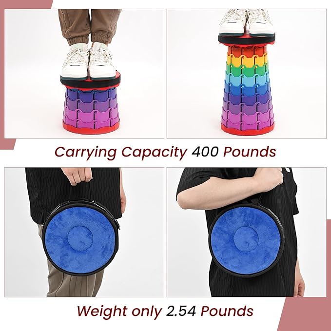 2 Pack Portable Telescoping Stools Collapsible Stool with Cushion,Retractable Foldingstool Max Load Capacity 400lbs, Portable Collapsible Stools for Camping Hiking Outdoor BBQ Rainbow-Red