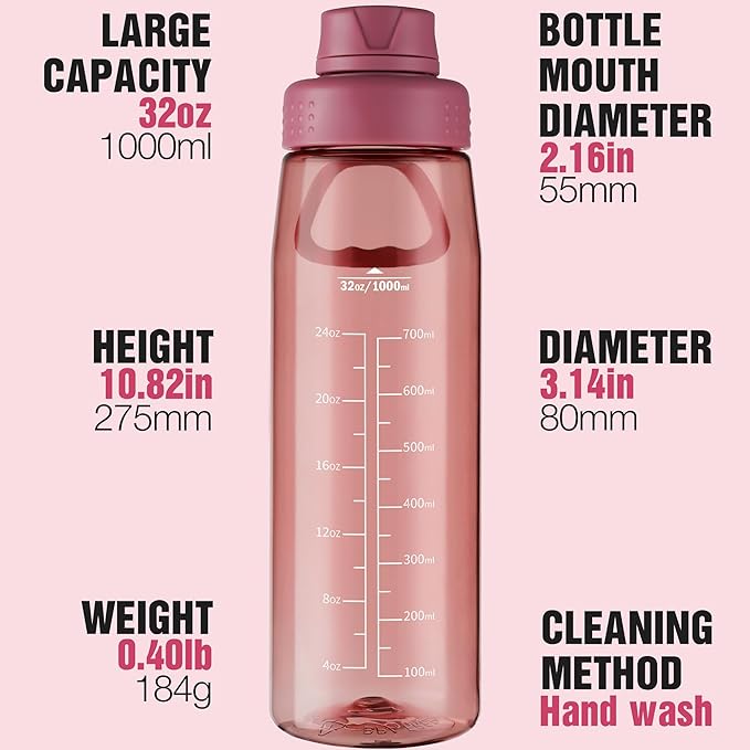 Water Bottle 32oz, clear water bottle with Spout Lid and Carry Handle, Reusable, Tritan, BPA Free, Hiking Water Bottle Suitable for Travel, Outdoors, Gym, Travel, Home, School (Red)