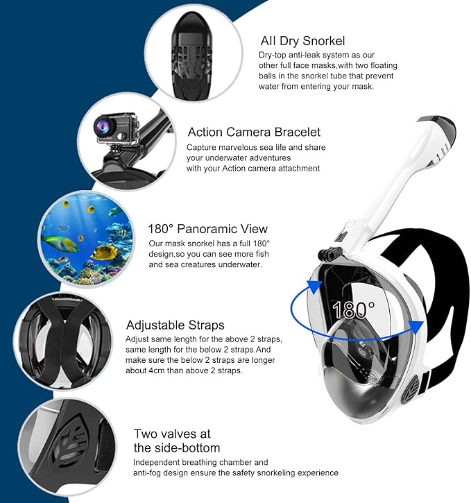Full Face Snorkel Mask, Diving Mask for Kids and Adults,180° Panoramic View Snorkel Mask with Camera Mount, Safe Breathing, Anti-Leak&Anti-Fog