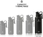 IDEUS Insulated Stainless Steel Water Bottle with 2 Leak-Proof Lids, Thermal Water Flask for Hiking Biking, 40oz, Black