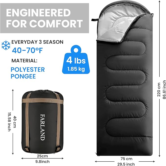 FARLAND Sleeping Bags 30℉ for Adults Teens Kids with Compression Sack Portable and Lightweight for 3-4 Season Camping, Hiking,Waterproof, Backpacking and Outdoors