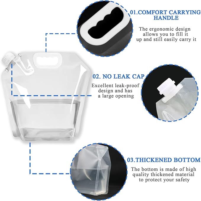 4 Pack Collapsible Water Jugs, 1.3/2.6 Gallon - BPA Free Clear Plastic Water Bag with Handle for Camping, Emergency, Hiking - Leakproof Freezable Collapsible Water Container Bags(4 x 5L)