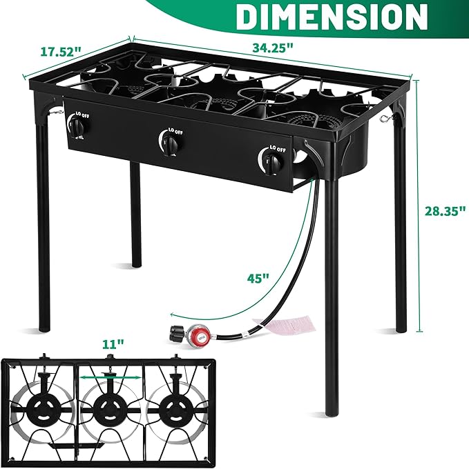 Outdoor Camping Stove, 225000 BTU, Propane Gas Cooker with Detachable Legs, High Pressure 3 Burner, 30 PSI Regulator