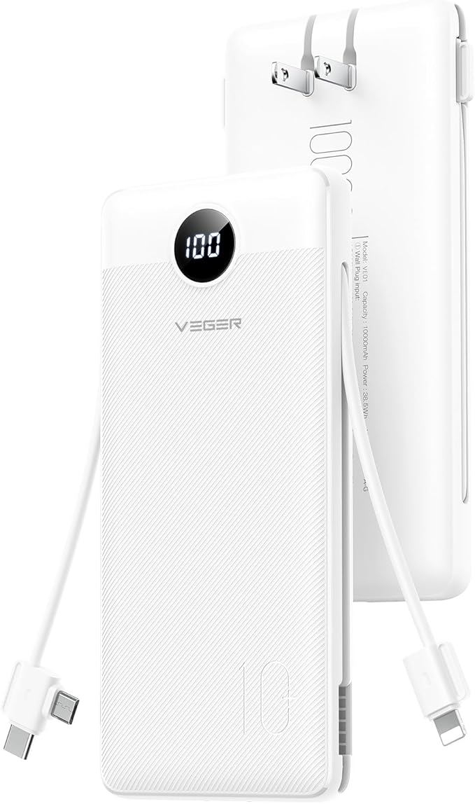 VEGER All-in-One Travel Portable Charger with Built-in AC Plug & Cables, 10000mAh Slim Power Bank Battery Pack, 15W Fast Charging for iPhone, Samsung, Android - White