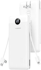 VEGER All-in-One Travel Portable Charger with Built-in AC Plug & Cables, 10000mAh Slim Power Bank Battery Pack, 15W Fast Charging for iPhone, Samsung, Android - White