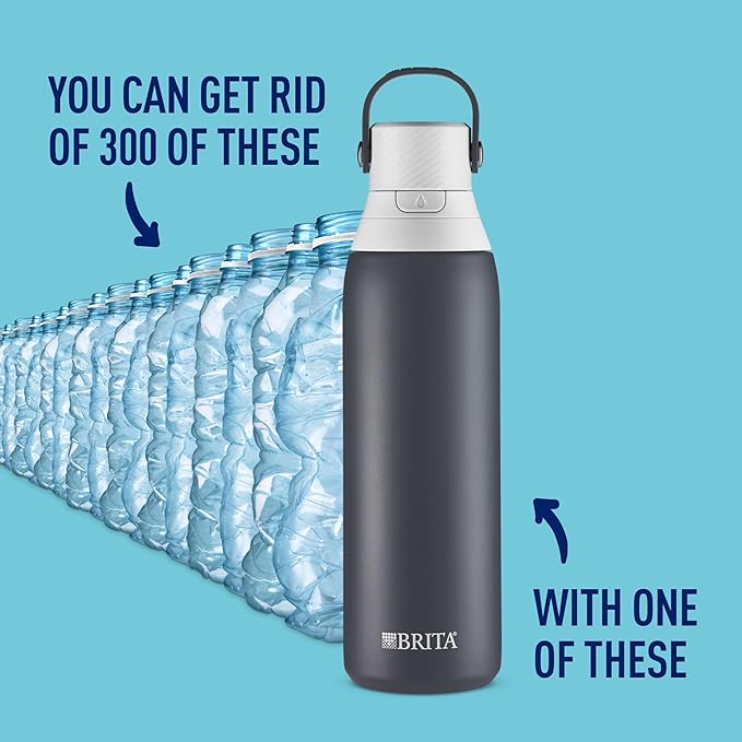 Brita Stainless Steel Premium Filtering Water Bottle, BPA-Free, Reusable, Insulated, Replaces 300 Plastic Water Bottles, Filter Lasts 2 Months or 40 Gallons, Includes 1 Filter, Carbon - 20 oz.