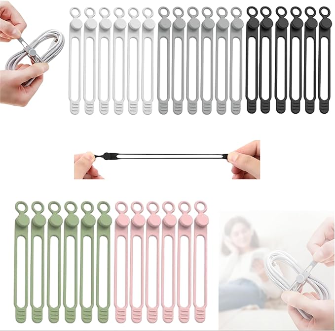 Data Cable Organizer, 2026 Upgrade Silicone Headphone Organizer, Silicone Cable Ties Reusable Cable Management Organizer Multipurpose Elastic Cord Organizer for Bundling and Fastening Cable (30Pcs)