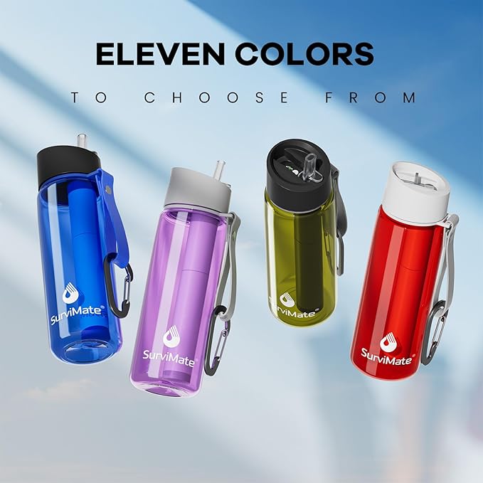 SurviMate Purified Water Bottle for Camping, Hiking, Backpacking and Travel, BPA Free with 5-Stage Intergrated Filter Straw