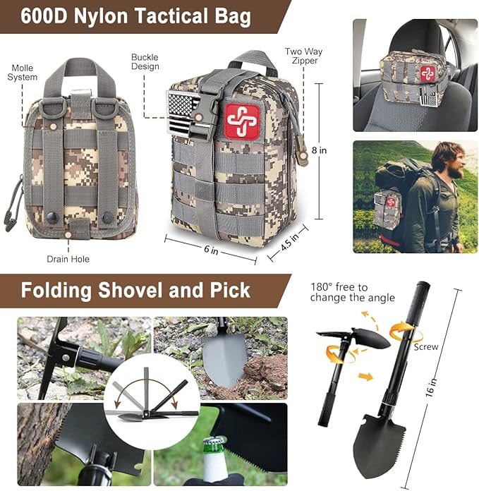 238Pcs Emergency Survival Kit and First Aid Kit, Professional Survival Gear Tool with Tactical Molle Pouch and Emergency Tent for Earthquake, Outdoor Adventure, Camping, Hiking, Hunting