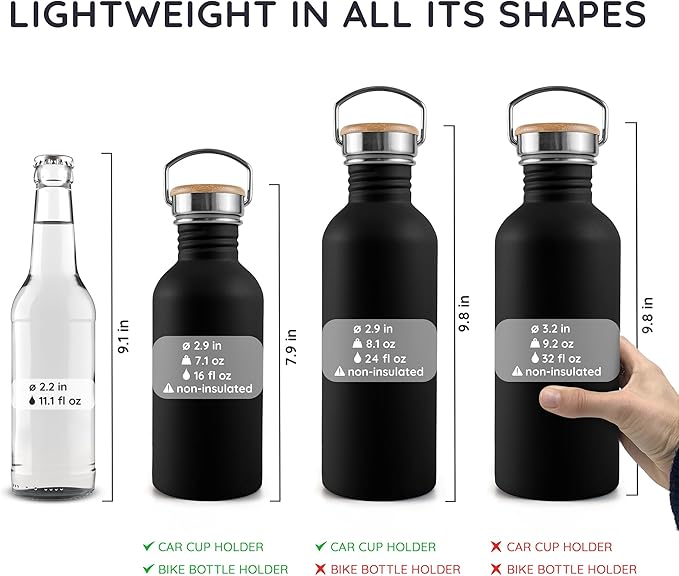 Bambaw Metal Water Bottle 24 oz, Non-insulated Black Water Bottle Metal, Single Walled Stainless Steel Water Bottle, Reusable Water Bottle, Portable & BPA Free Water Bottle – Jet Black