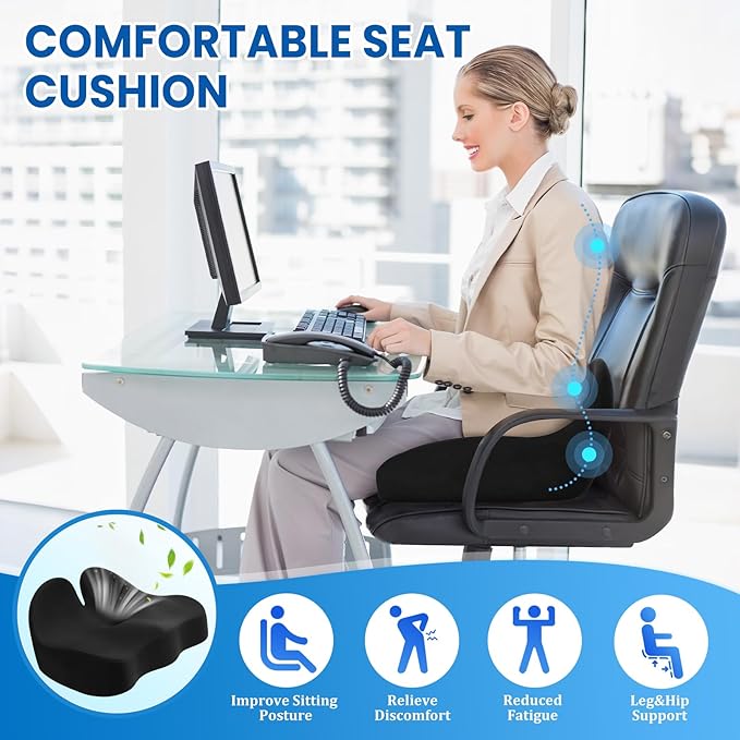 CushZone Seat Cushion, Memory Foam Office Chair Seat Cushion for Office Chairs/Car/Long Trip/Desk Chair/Gaming, X-Large Size for Sciatica & Hip & Tailbone Pain Relief, Sciatica Support (Black)