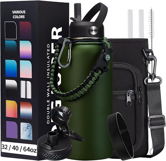 Insulated Water Bottle 32 oz - Cold-48h & Hot-24h Stainless Steel Vacuum Flask with Straw & Pop-up Chug Lid, Leak Proof 32oz Water Bottles, Wide Mouth Hydro Metal Thermal Cups for Gym Work