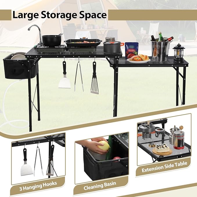 REDCAMP Portable Grill Table with Sink for Outside, Lightweight Aluminum Frame Folding Grill Stand Table with Adjustable Height for Camping Picnic Cooking BBQ, 36 x 20 x 31 in, Black