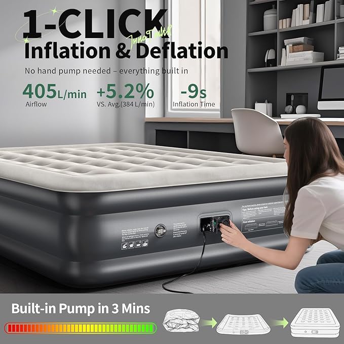 InnoTruth Air Mattress Queen with Built in Pump, Inflatable Mattress Blow up Mattress, Family Choice Award Winner, 18" Colchones Inflables Foldable Air Bed for Guest & Home, Ideal for Camping, 650lbs