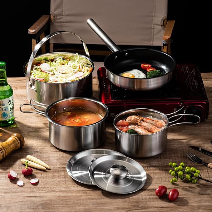 304 Stainless Steel Camping Cookware Set, Pots and Pans for Campfire Cooking, Includes Travel Tote Bag for 4-6 People